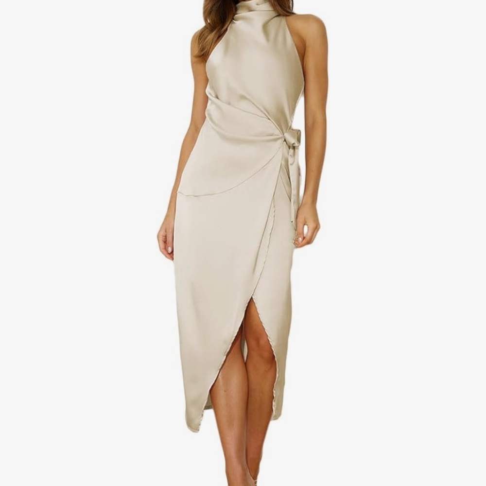Satin Halter Wrap Midi Dress in Cream